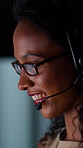 Headset, happy and businesswoman in office at night for crm, call center or helpdesk consultation. Multilingual, mic and female customer service agent with language translation for global clients.