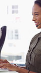 Telemarketing, woman or headset with computer in call center for cold calling, explain offer or chat. Typing, happy sales agent and talking on tech for product knowledge, upsell service and coworking
