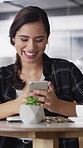 Laugh, text and woman in cafe with phone, online communication and comic post on social media. Happy, digital and female person in restaurant with tech, funny message or meme reaction on chat app.