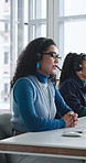 Call center, woman and talking for sales with computer, communication and lead generation. Headset, coworking or telemarketing consultant with tech to explain information, feedback or upsell service