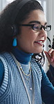 Call center, happy woman and talking for sales in office, communication and lead generation. Headset, smile and telemarketing consultant with feedback for info, promotion pitch or upsell service