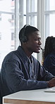 Call center, man and technical support with computer, problem solving or help desk for coworking. Headset, talk or IT consultant with tech for software troubleshooting, customer service or contact us