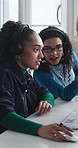 Headset, feedback and women in office for call center, customer service or help desk with advice. Mic, discussion and female technical support agents with review on omnichannel system in workplace.