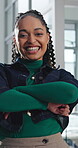 Happy, face and woman with arms crossed in office, public relations and confident for career growth. Creative, PR assistant and person with smile for job experience, laugh and pride for opportunity