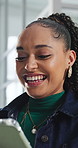 Tablet, laugh and creative woman in office with email, review report or article story with style. Tech, funny and fashion magazine editor in workplace for business, joke and social media trends