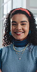 Face, laugh and woman with confidence in creative agency,  ads coordination and branding opportunity. Portrait, happy or person with pride for campaign development, marketing career or professional