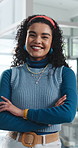 Face, laugh and woman with arms crossed in creative agency, ads management and branding opportunity. Portrait, happy or person with confidence for campaign development, marketing job or professional