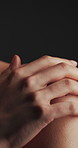Hands, woman and shoulder with skincare in studio for soft texture, smooth skin or feminine beauty. Mockup space, person or touch for bodycare, healthy glow and dermatology results on dark background