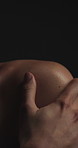 Hands, woman and shoulder with bodycare in studio for soft texture, smooth skin or feminine beauty. Mockup space, person or touch for skincare, healthy glow and dermatology results on dark background