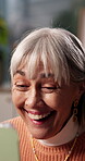 Laughing, old woman and reading with tablet in lounge, entertainment and relax with ebook on website. Retirement, home and elderly person with tech for funny novel, online and happiness on weekend