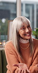 Broadcast, woman and influencer in home for recording with online post, social media or vlogging. Happy, talking and mature female content creator with live streaming on sofa in living room at house.