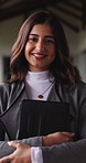 Tablet, education and face of woman at university with confidence for study scholarship. Happy, digital technology and portrait of female student with pride for future or college goals on campus.