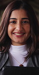 Tablet, education and face of woman at college with confidence for study scholarship. Happy, digital technology and portrait of female student with pride for future or university goals on campus.