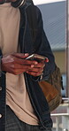 College, student and hands with phone, outdoor and exam preparation with info and academic research. Learner, online and person with mobile for education, learning and scholarship at university