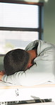 Student, sleeping and education in classroom, fatigue and teenager with low energy on desk or tired. Friends, wake up and talk with teacher in high school, writing and person with academic burnout