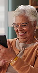 Reading, phone or senior woman in house, word game app or online brain teaser for retirement wellness. Happy, crossword puzzle or old person with tech for laugh, play memory activity or entertainment