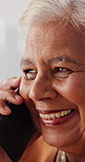Laughing, phone call or senior woman in house, online communication or weekend networking for gossip. Discussion, funny story and elderly person with mobile for connection, humor and happy for chat