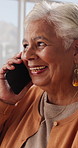 Laughing, phone call or senior woman in home, online communication or contact for weekend networking. Discussion, funny story and elderly person with mobile for connection, humor and happy for chat