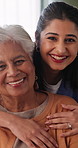 Face, caregiver and old woman in nursing home with hug, wellness and laugh together for funny joke. Happy, nurse and senior person in retirement center with embrace, humor and support for healthcare.