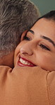 Caregiver, smile and old woman in nursing home with hug, wellness and bonding together for support. Nurse, embrace and senior person in retirement center with help, trust and kindness for healthcare.