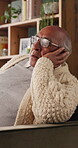 Perspective, regret and retirement with senior man in home living room for reflection or nostalgia. Memories, sadness and thinking with old person in apartment for contemplation, ideas or remember