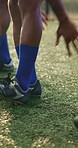 Legs, people and warm up for soccer, fitness or practice for running guide and exercise. Athlete, team and preparation for football tournament, agility and performance for game training on field