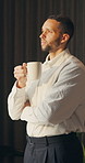 Man, thinking and drink coffee in home with memory, reflection and insight with aroma in morning. Person, mindset and perspective with beverage, tea and flavor with nostalgia for daydream at house