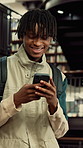 Education, laughing and phone with man at university for communication, development or social media. App, funny and typing with happy college student at school for learning, study or text message
