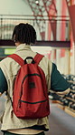 Back, student and walking with backpack in library for education, study material or lesson change. Thinking, man or morning journey for class attendance, university resources and learning scholarship