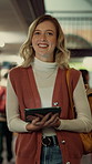 Woman, student and thinking in library with tablet for learning, education or study material. Person, academic scholar or learner with digital tech for project, idea or thesis research at university