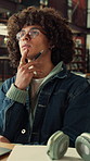 Thinking, student and man in library, education and planning for assignment or academic development. College, reflection and person with idea for project, decision and exam preparation with knowledge