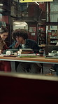 Library, students and tablet in college with discussion, group project and research for assignment. People, talk and tech in university with collaboration, learning support and study for education.
