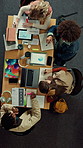 Above, students and tech in library with college assignment, writing and study for data science course. People, notes and research in university with education, learning stats and charts for project.