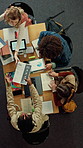 Students, tech and documents in library with college course, writing and study for data science exam. Above, people and tablet in university with education, learning stats or charts for group project