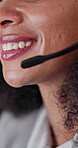 Headset, mouth and smile of woman in call center for assistance, feedback or support. Communication, friendly and solution with happy person in agency office for contact us, crm or customer service