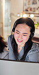Computer, headset and supervisor with woman in call center for feedback, support or training. Assistance, consulting and helping with floor manager in agency office for customer service advice
