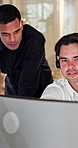Computer, headset and supervisor with man in call center for feedback, support or training. Assistance, consulting and conversation with floor manager in agency office for customer service advice