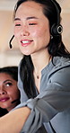 Computer, consulting and supervisor with woman in call center for feedback, support or training. Assistance, conversation and headset with floor manager in agency office for customer service advice