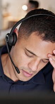 Headache, stress or man with headset in call center, overwhelmed or burnout for customer service. Computer, tech support or agent with migraine for problem solving, troubleshooting crisis or vertigo
