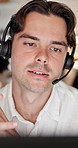 Talking, computer or man with headset in call center, telemarketing or pitch for insurance policy. Telecom, explain offer or sales agent with tech for networking, lead generation or premium details