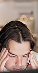 Headache, stress or man with headset in call center, overwhelmed or burnout for customer service. Computer, tech support or employee with migraine for problem solving, troubleshooting crisis or bokeh
