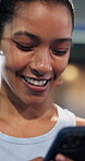 Fitness, athlete and happy woman with phone, texting and communication with contact on social media. Tennis player, laugh and person with mobile for chat, humor and reading funny message with tech