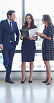 Happy, team and group with paperwork in office, conversation and planning for investment opportunity. Business people, discussion and collaboration with documents, meeting and  financial development