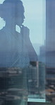 Real estate, business and woman by window for thinking, property listing and opportunity. Corporate, reflection and person by glass for urban development, expansion project and planning in office