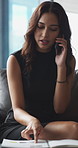 Phone call, paperwork and business woman in lobby for contact, communication and chat in office. Corporate, professional and person on cellphone for discussion, conversation and financial consulting