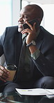 Phone call, business and black man in lobby with paperwork for contact, communication and chat. Corporate, office and person on cellphone for discussion, conversation and finance advice with coffee