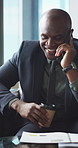 Financial advisor, lobby and black man with phone call, documents and portfolio for client update. Corporate, consultant and person on cellphone for discussion, talking and finance review with coffee