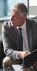 Meeting, lobby and man with business people, documents and discussion for investment. Corporate, office and mature person with workers for finance review, proposal and paperwork for financial advice