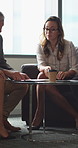 Paperwork, discussion and business people in office for contract, negotiation or finance report. Meeting, documents and financial manager with investor client for investment proposal in workplace.