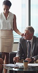 Man, documents and team on sofa at office with coffee break, proposal and review at finance company. Mature person, group and financial advisor with paperwork, contract or notes at investment agency